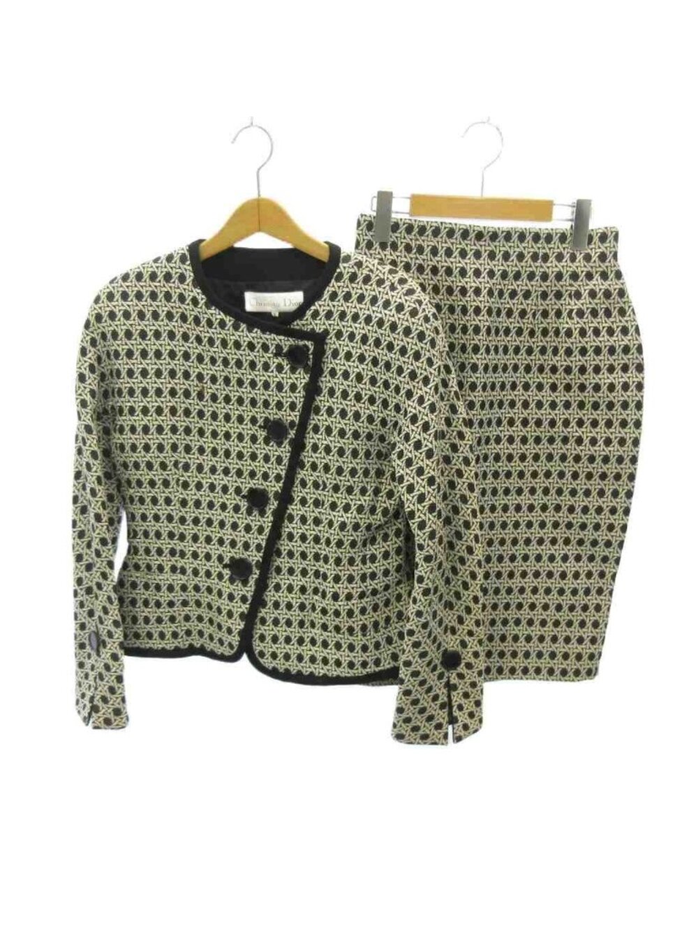 Dior Vintage Suit Set Collarless Jacket Pencil Skirt All Over Print 9 White